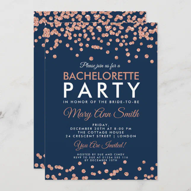 Bachelorette Party Rose Gold Glitter Confetti Navy Invitation | Zazzle