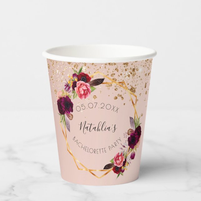 Bachelorette party rose gold glitter floral name paper cups (Front)