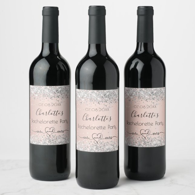 Bachelorette party rose gold silver mr mrs wine label (Bottles)