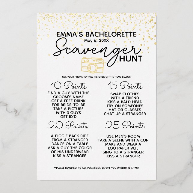 Bachelorette Party Scavenger Hunt Game Fun Bridal Foil Invitation (Front)