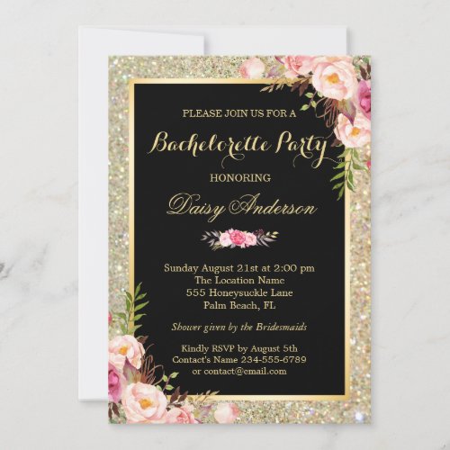 Bachelorette Party Shiny Gold Sparkles Floral Card