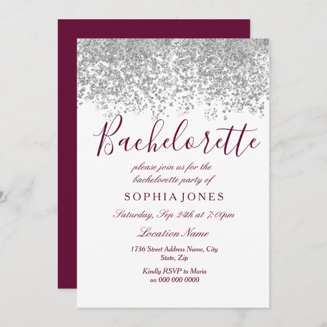 Bachelorette Party Silver Glitter Burgundy Invitation (Front/Back)