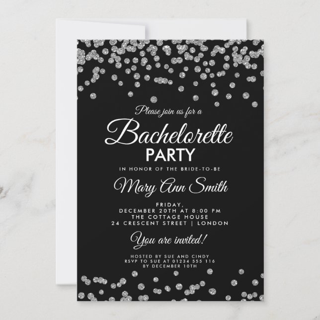 Bachelorette Party Silver Glitter Confetti Black Invitation (Front)