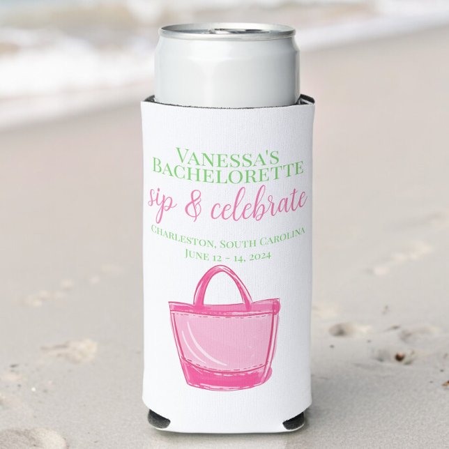 Bachelorette Party Sip & Celebrate Pink Tote Favor Seltzer Can Cooler (Creator Uploaded)