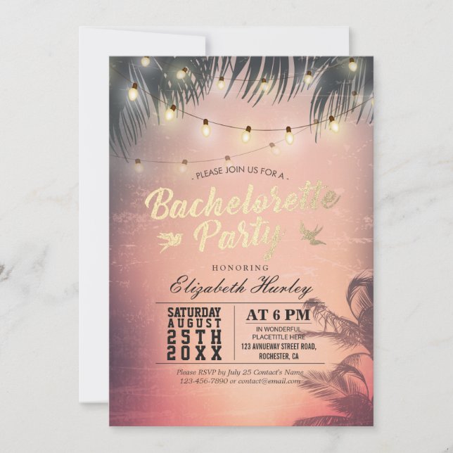 Bachelorette Party Summer Beach Palm Trees Lights Invitation (Front)