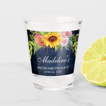 Bachelorette Party Sunflower Floral Blue Wood Shot Glass by SugarandSpicePaperCo at Zazzle