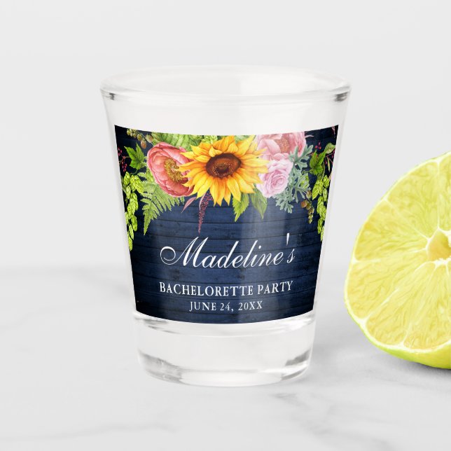 Bachelorette Party Sunflower Floral Blue Wood Shot Glass (Front)