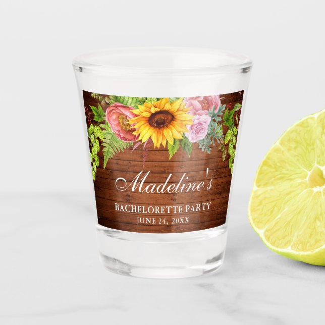 Bachelorette Party Sunflower Floral Wood Shot Glass (Front)