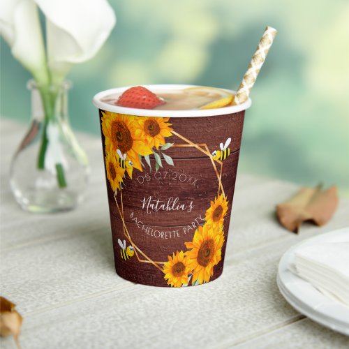 Bachelorette party sunflowers rustic wood brown paper cups