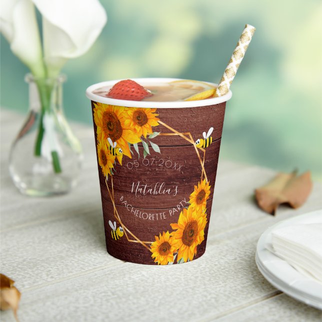 Bachelorette party sunflowers rustic wood brown paper cups (Insitu)