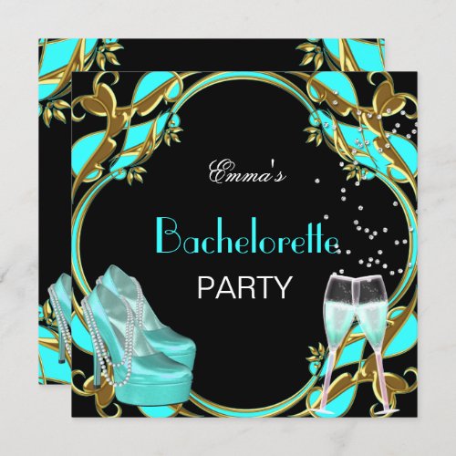 Bachelorette Party Teal Blue Black Gold Invitation