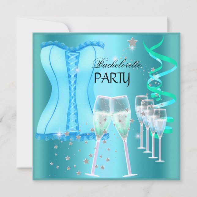 Bachelorette Party Teal Blue Corset Champagne Invitation (Front)