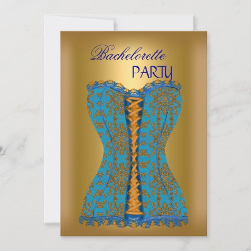 Bachelorette Party Teal Blue Corset Gold Yellow Invitation