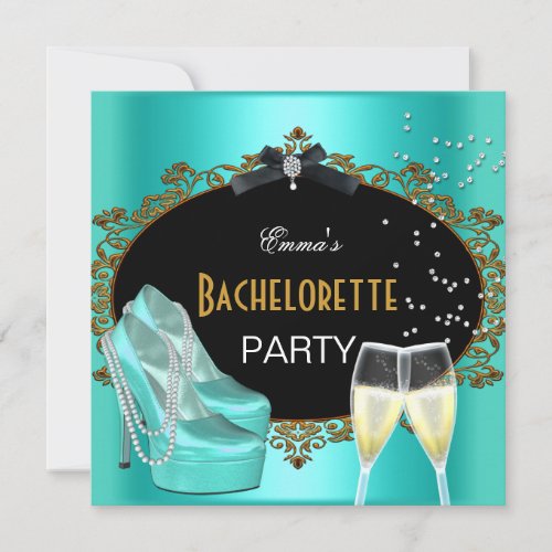Bachelorette Party Teal Blue Gold Black Shoes Invitation