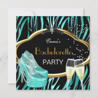 Bachelorette Party Teal Blue Gold Black Zebra Invitation