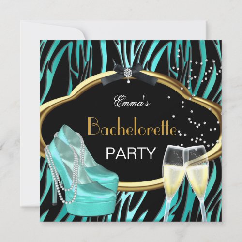 Bachelorette Party Teal Blue Gold Black Zebra Invitation