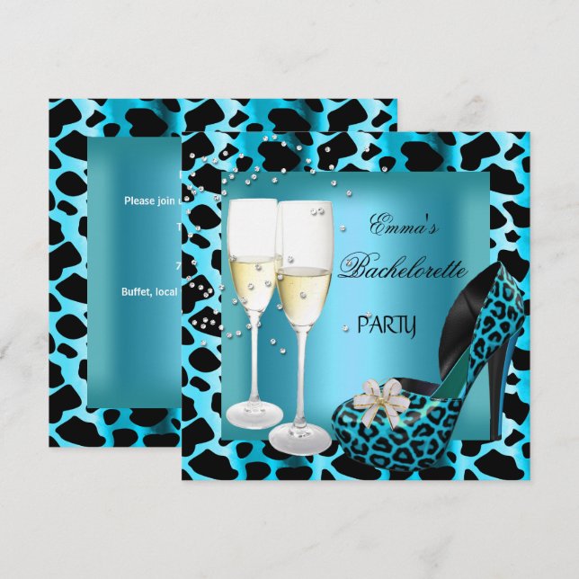 Bachelorette Party Teal Blue Leopard Black Shoes Invitation (Front/Back)
