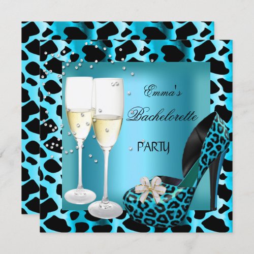 Bachelorette Party Teal Blue Leopard Black Shoes Invitation