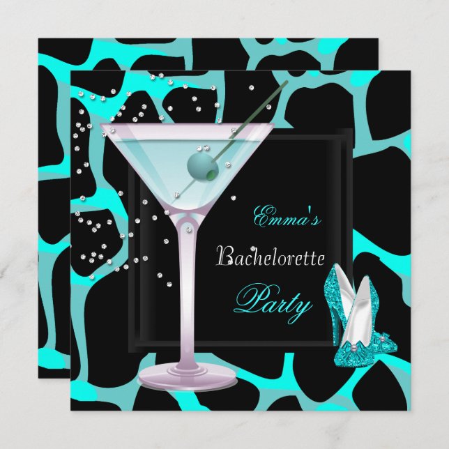Bachelorette Party Teal Blue Leopard Shoes Black Invitation (Front/Back)