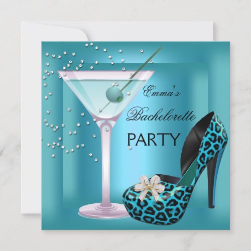 Bachelorette Party Teal Blue Leopard Shoes Glass Personalized Invitation