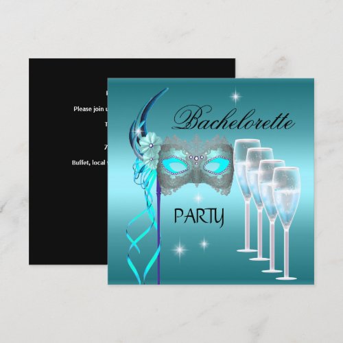 Bachelorette Party Teal Blue Mask Champagne Invitations