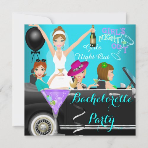 Bachelorette Party Teal Fun Limo Car Cocktails 1 Invitation