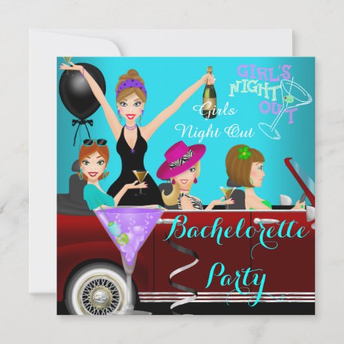 Bachelorette Party Teal Fun Limo Car Cocktails 2 Invitation
