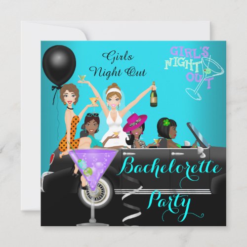 Bachelorette Party Teal Fun Limo Car Cocktails 3 Invitation