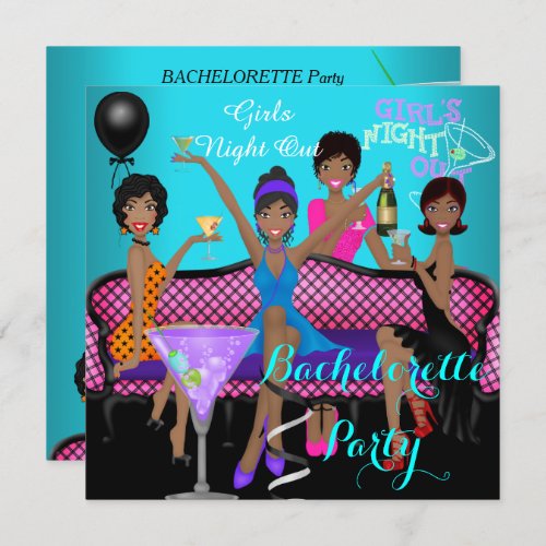 Bachelorette Party Teal Pink Fun Girls Cocktails 3 Invitation