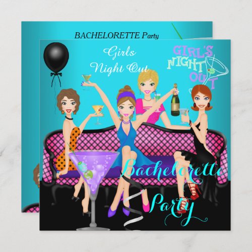 Bachelorette Party Teal Pink Fun Girls Cocktails 4 Invitation