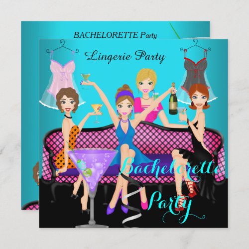 Bachelorette Party Teal Pink Lingerie Cocktails Invitation
