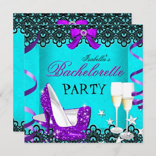 Bachelorette Party Teal Purple High Heel Champagne Invitation