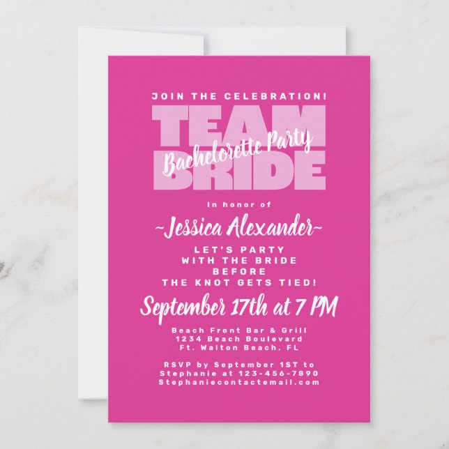 Bachelorette Party Team Bride Pink Trendy Stylish Invitation (Front)