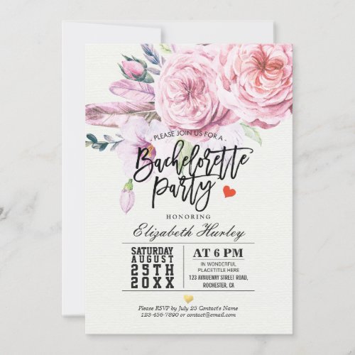 Bachelorette Party Watercolor Boho Floral Feather Invitation