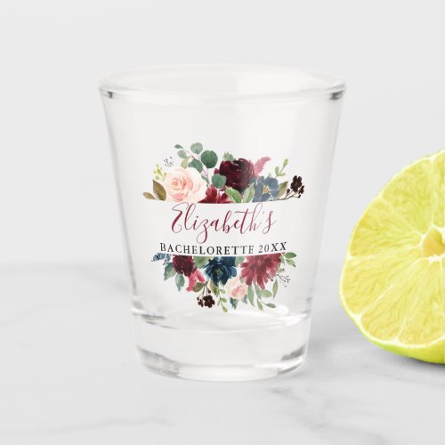 Bachelorette Party Watercolor Burgundy Blue Floral Shot Glass