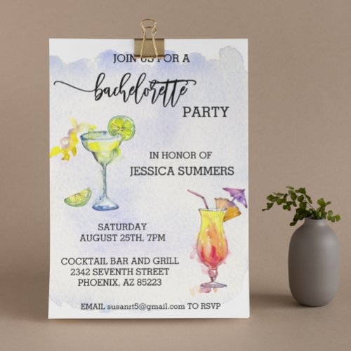 Bachelorette Party Watercolor Cocktail Invitation