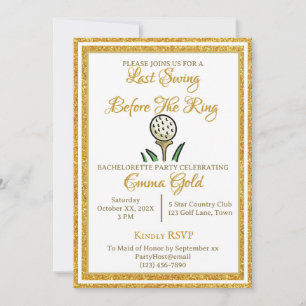 Bachelorette Party Wedding Golf Gold Glitter White Invitation