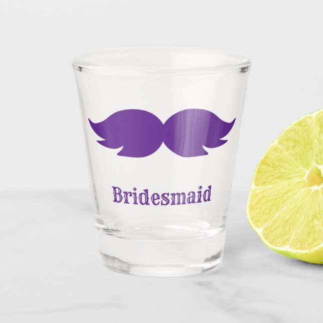 Bachelorette party / wedding purple bushy mustache shot glass (Front)