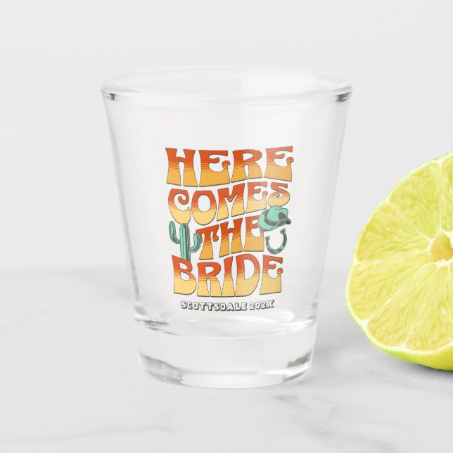 Bachelorette Party Western Cowboy Desert Groovy Shot Glass (Front)