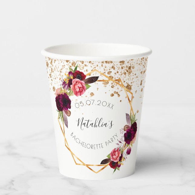 Bachelorette party white burgundy floral glitter paper cups (Front)