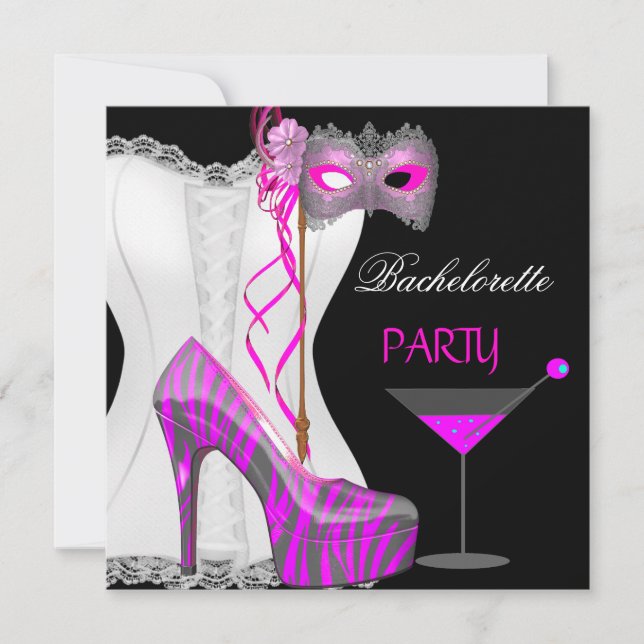Bachelorette Party White Corset Pink Zebra Shoes Invitation (Front)