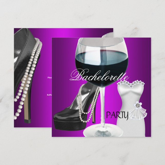 Bachelorette Party Wine Magenta Black Dress Invitation (Front/Back)