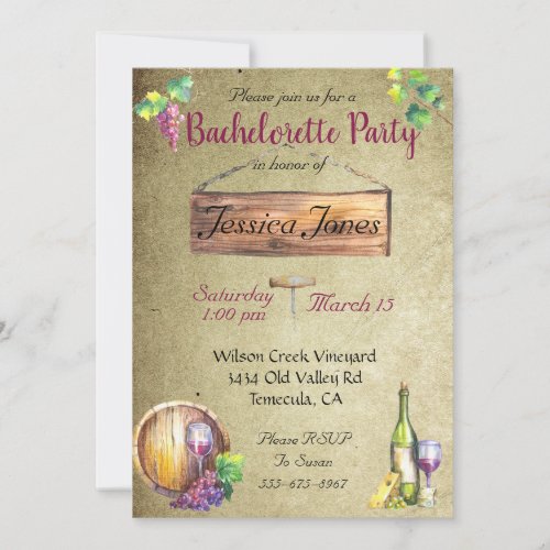 Bachelorette Party Wine Tasting Watercolor Vintage Invitation