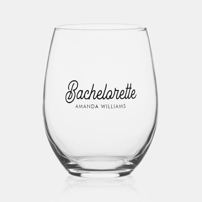 Bachelorette Personalized Black Typography Stemless Wine Glass (Front)