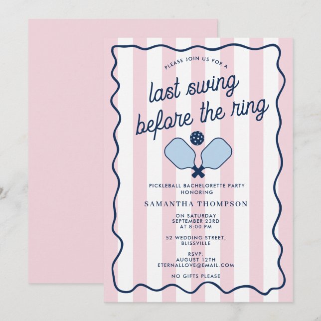 Bachelorette Pickleball Bach Pink Retro Stripes Invitation (Front/Back)