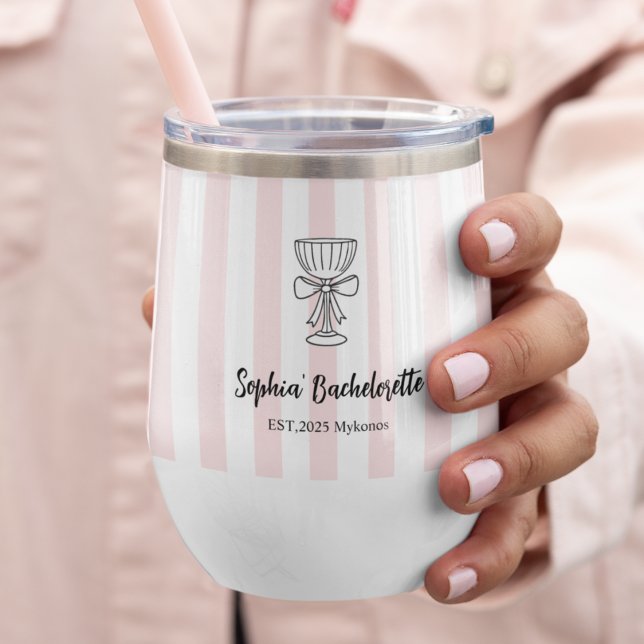 Bachelorette  | Pink Stripes |  Name & Location Thermal Wine Tumbler (Creator Uploaded)