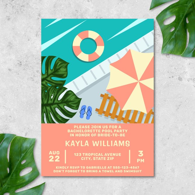 Bachelorette Pool Party Swimming Pool  Invitation (Bachelorette pool party invitation with tropical vibes)