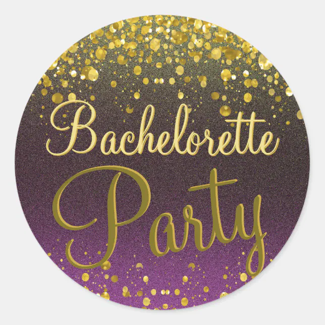 Bachelorette Purple and Gold Confetti Classic Round Sticker | Zazzle