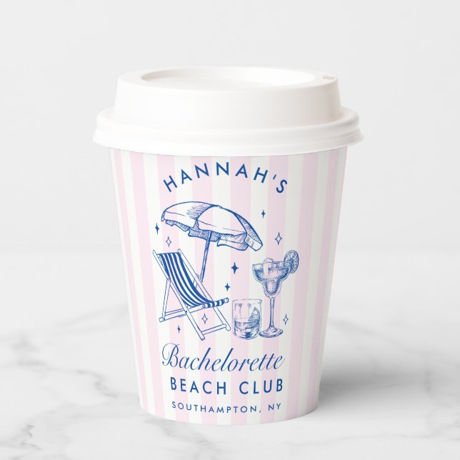 Bachelorette Retro Cocktail Blue & Pink Stripes Paper Cups (Front)