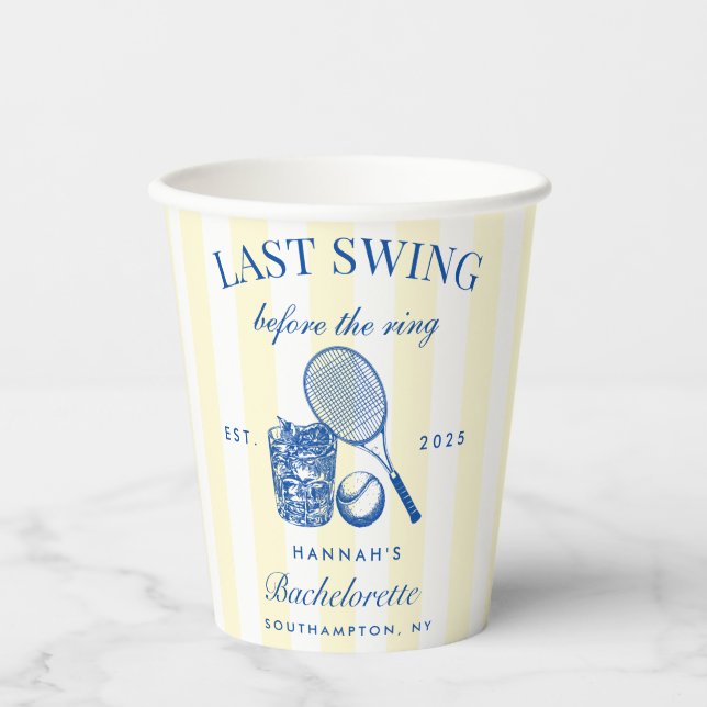 Bachelorette Retro Cocktail Blue & Yellow Stripes Paper Cups (Front)